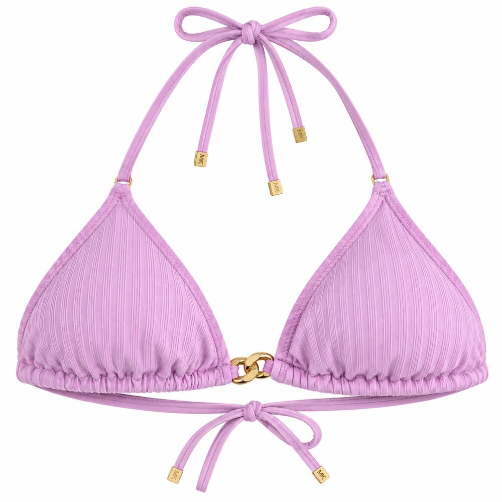 Michael Kors Womens L Soft Lilac Ribbed Triangle Bikini Top Gold Chain Luxe Chic